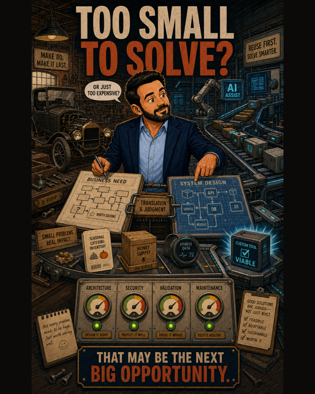 Illustration connecting an automobile assembly line with modular software and AI-assisted business problem solving.